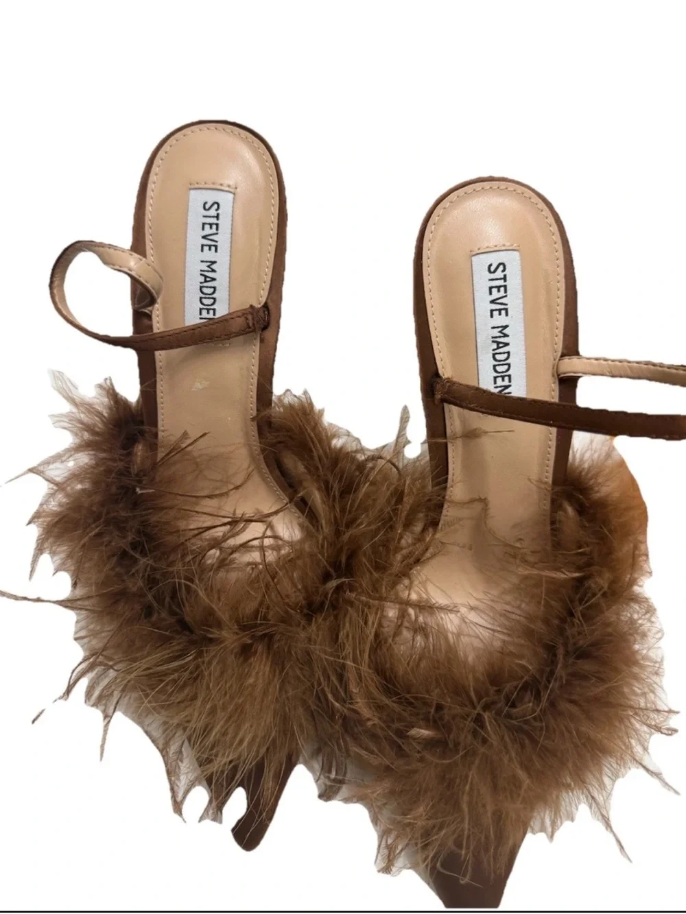 Steve Madden cocktail Satin Pumps and Feather Toe SlingBack Brown Heels Size 9